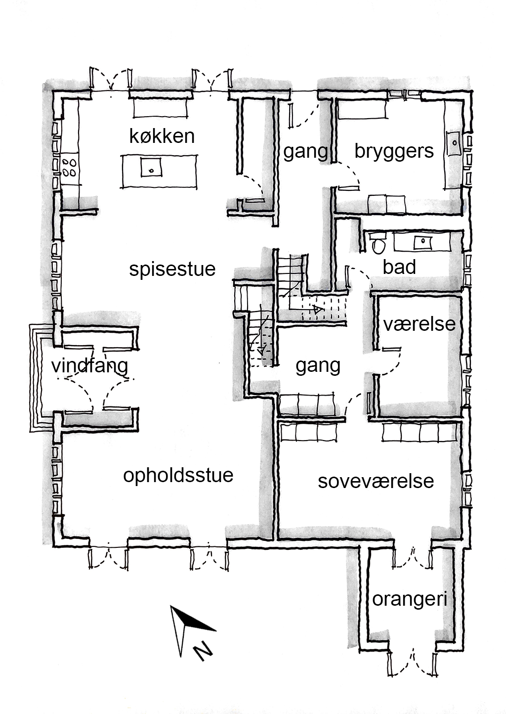 planskitse, arkitekttegning, håndskitse