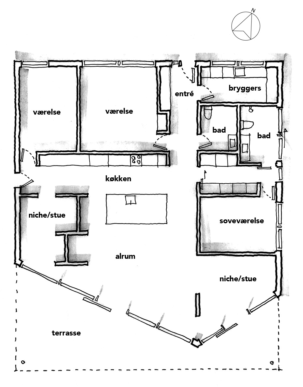 Håndtegnet plan, planskitse, arkitekttegning