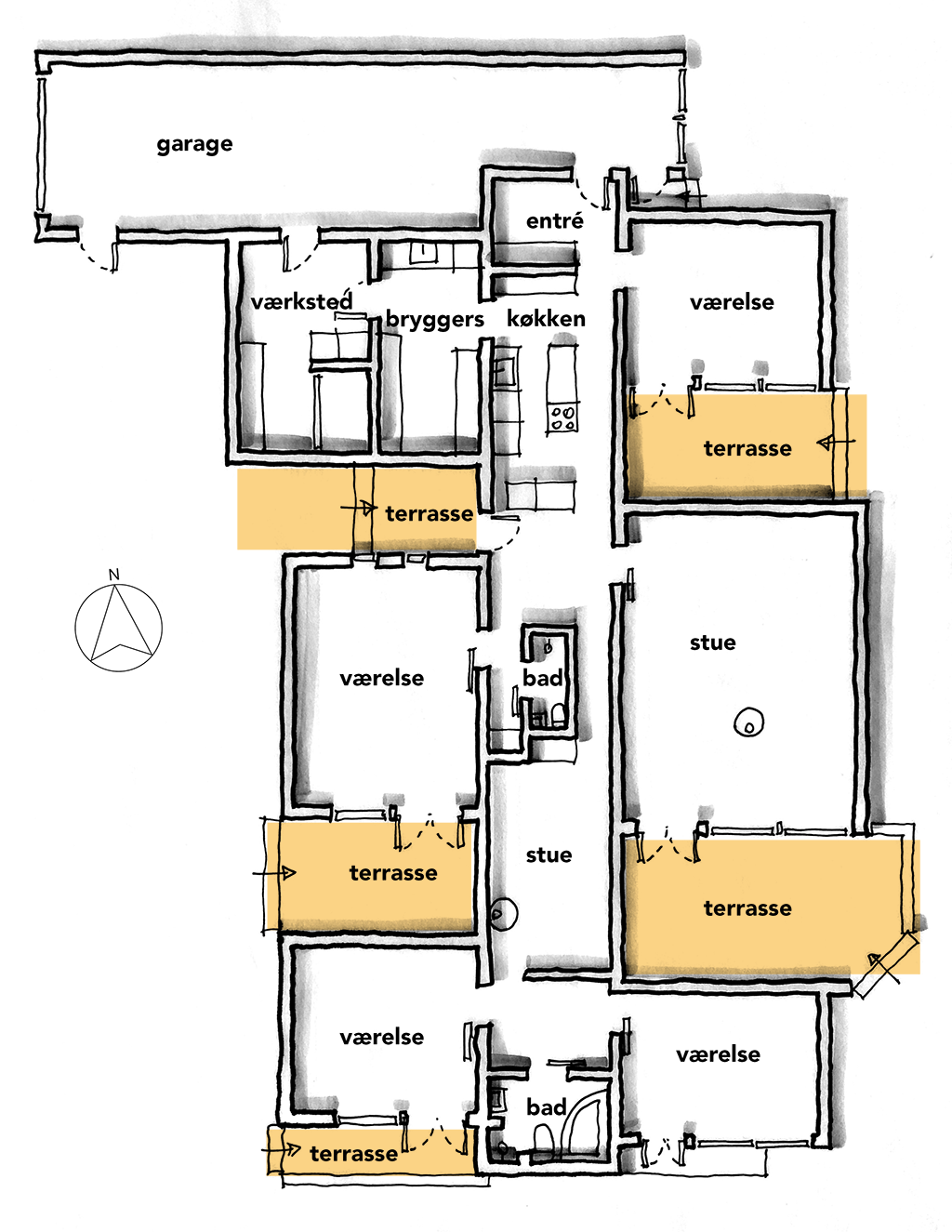 arkitekttegnet bolig, håndskitse, planskitse