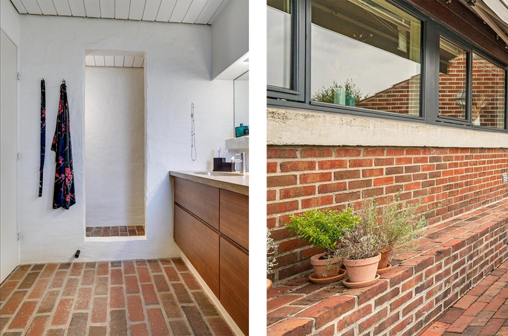 Teglsten i interiør, badeværelse med gulvtegl. Teglbænk på terrasse, arkitekttegnet