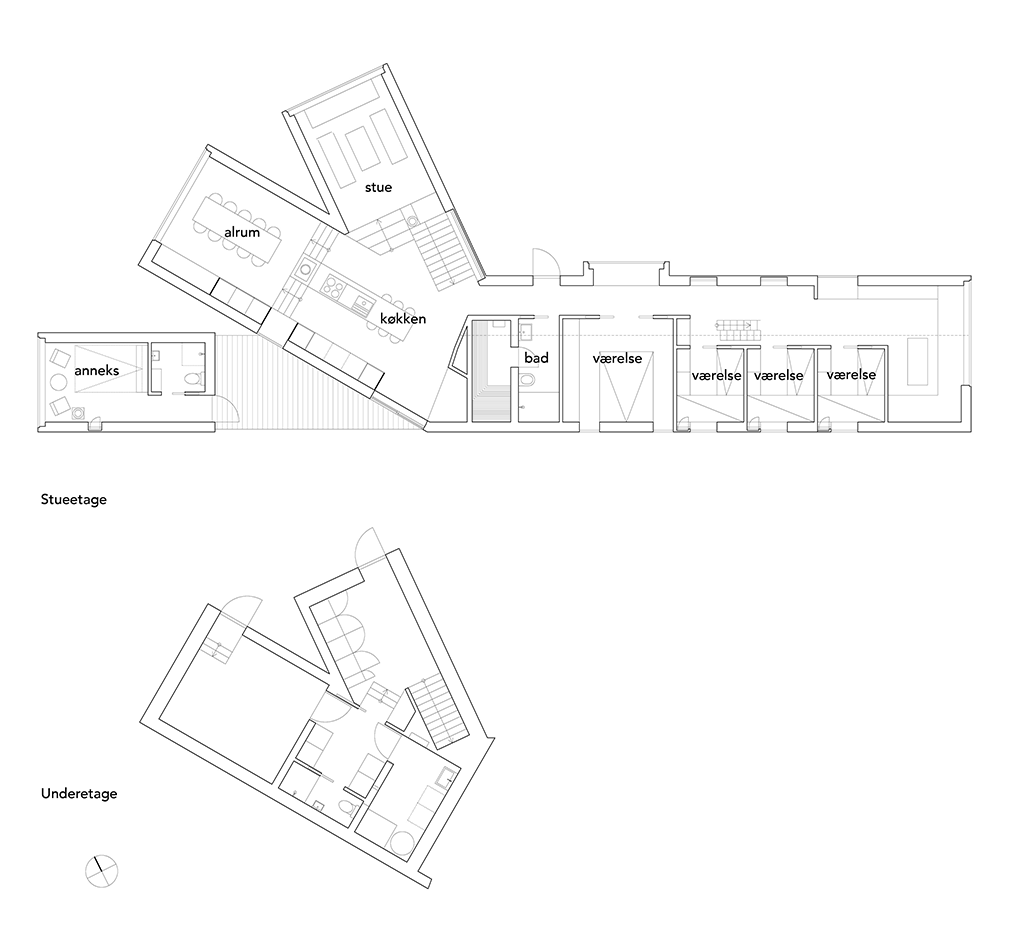 Split view mountain lodge plantegning, Plandrawing, Reiulf Ramstad