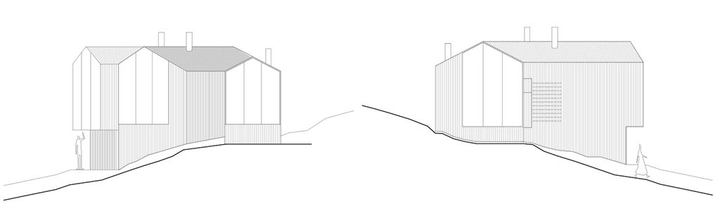Split view mountain lodge facadetegning, arkitekttegning
