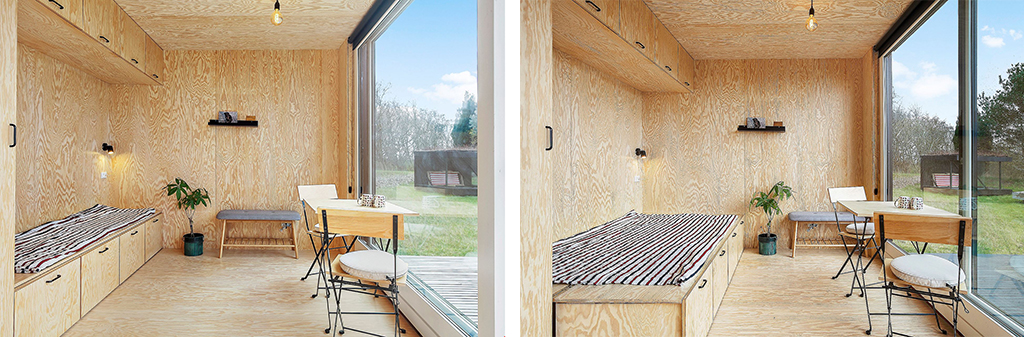 Lækkert interiør i Tiny House, finérplader på vægge og loft. Fold ud seng.
