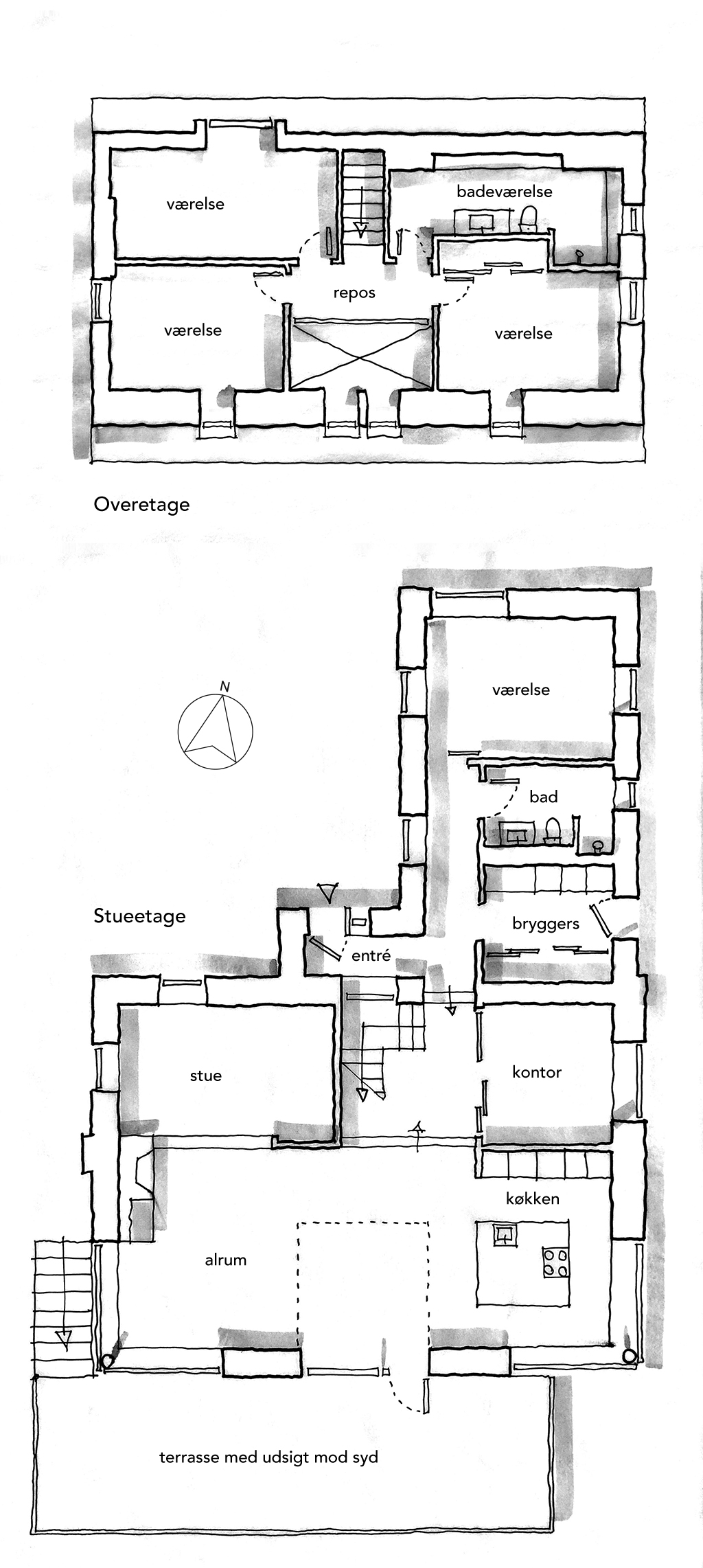 Arkitekttegnet plan, skitse, håndtegnet plan