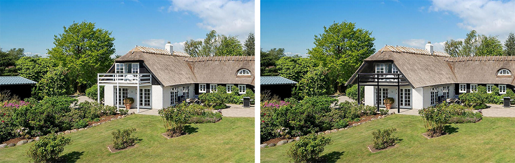 Stråtækt hus med to tagløsninger ved gavl