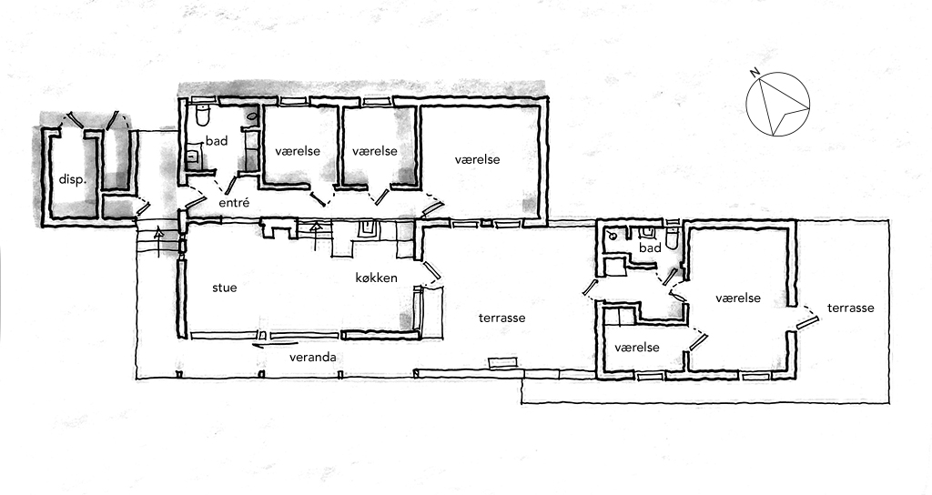 Arkitekttegnet plan, skitsetegning, 60'er sommerhus