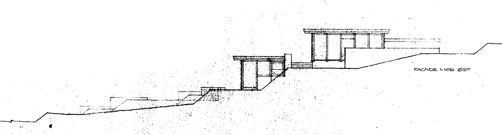 Arkitekttegning af facade, 60'er arkitektur. Jørgen B. Rasmussen, arkitekt