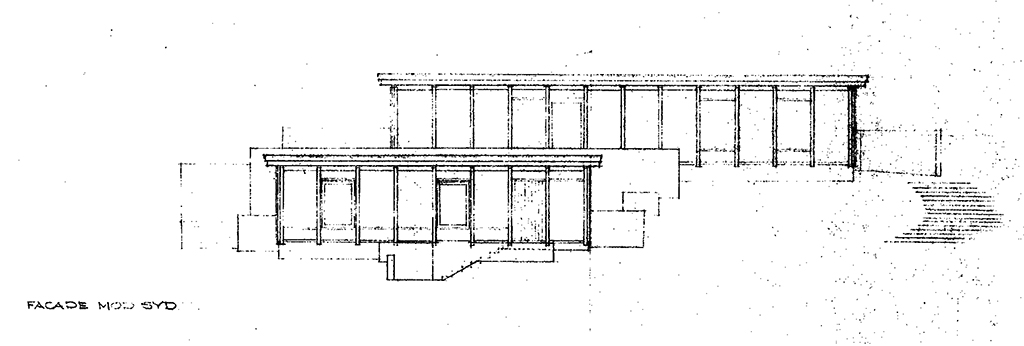 Arkitekttegning af facade, 60'er arkitektur. Jørgen B. Rasmussen, arkitekt