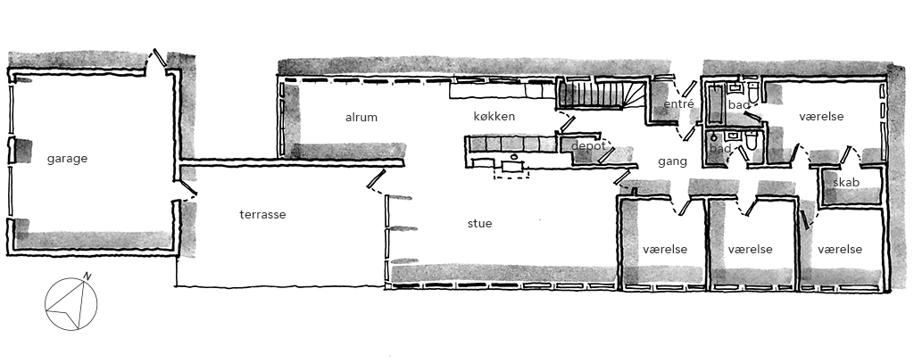 Plantegning, håndskitse, arkitekttegning, planskitse 60'er hus