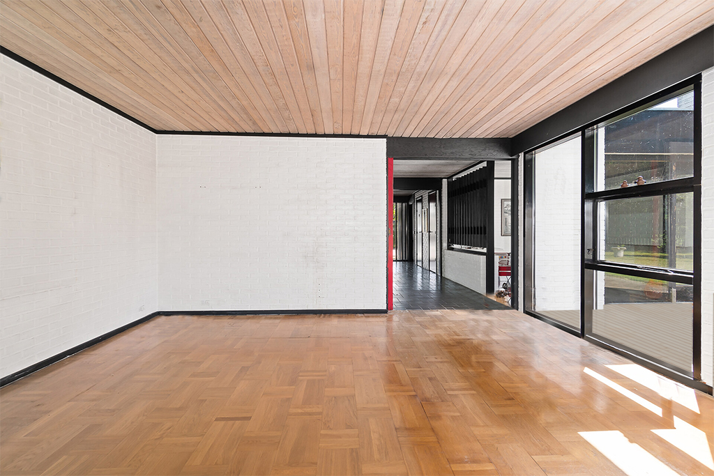 Modernistisk villa stue, 70'er arkitektur, arkitekttegnet