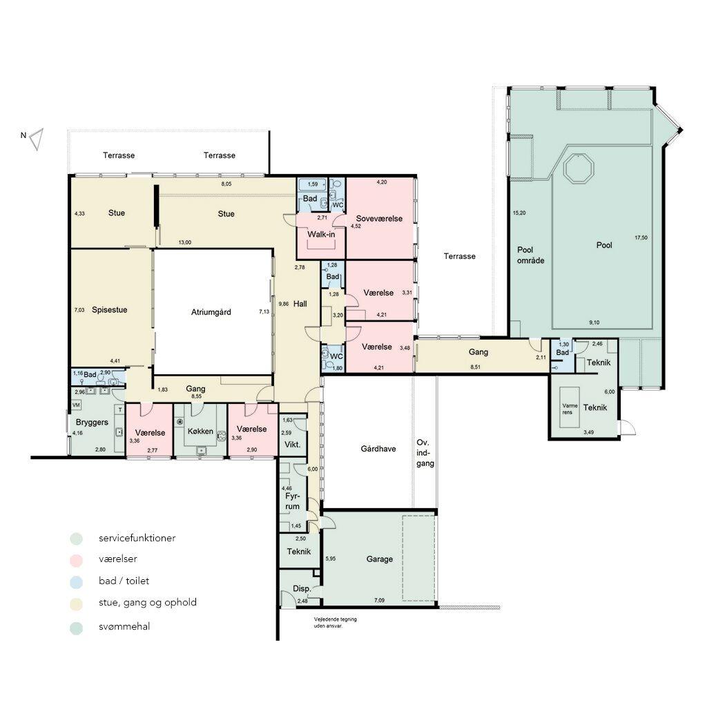 Plantegning af arkitekttegnet 60'er hus. Plandiagram med farvekode