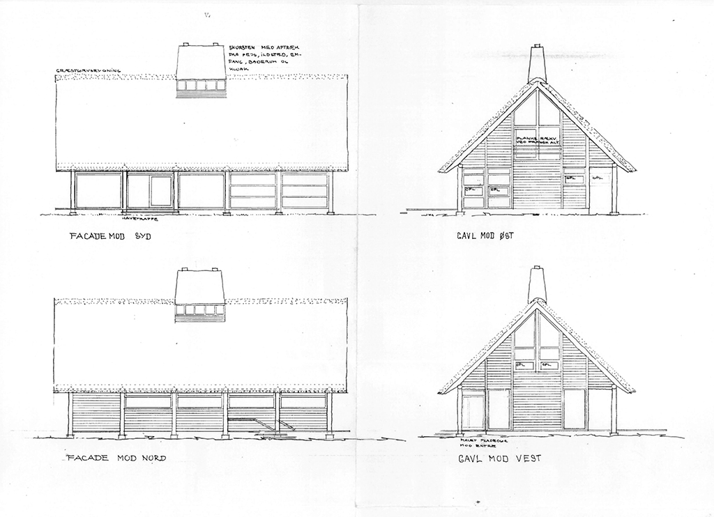 Facadetegninger af landhus i Dronninggård Skov, arkitekt Hans Dall, Dall og Lindhardtsen