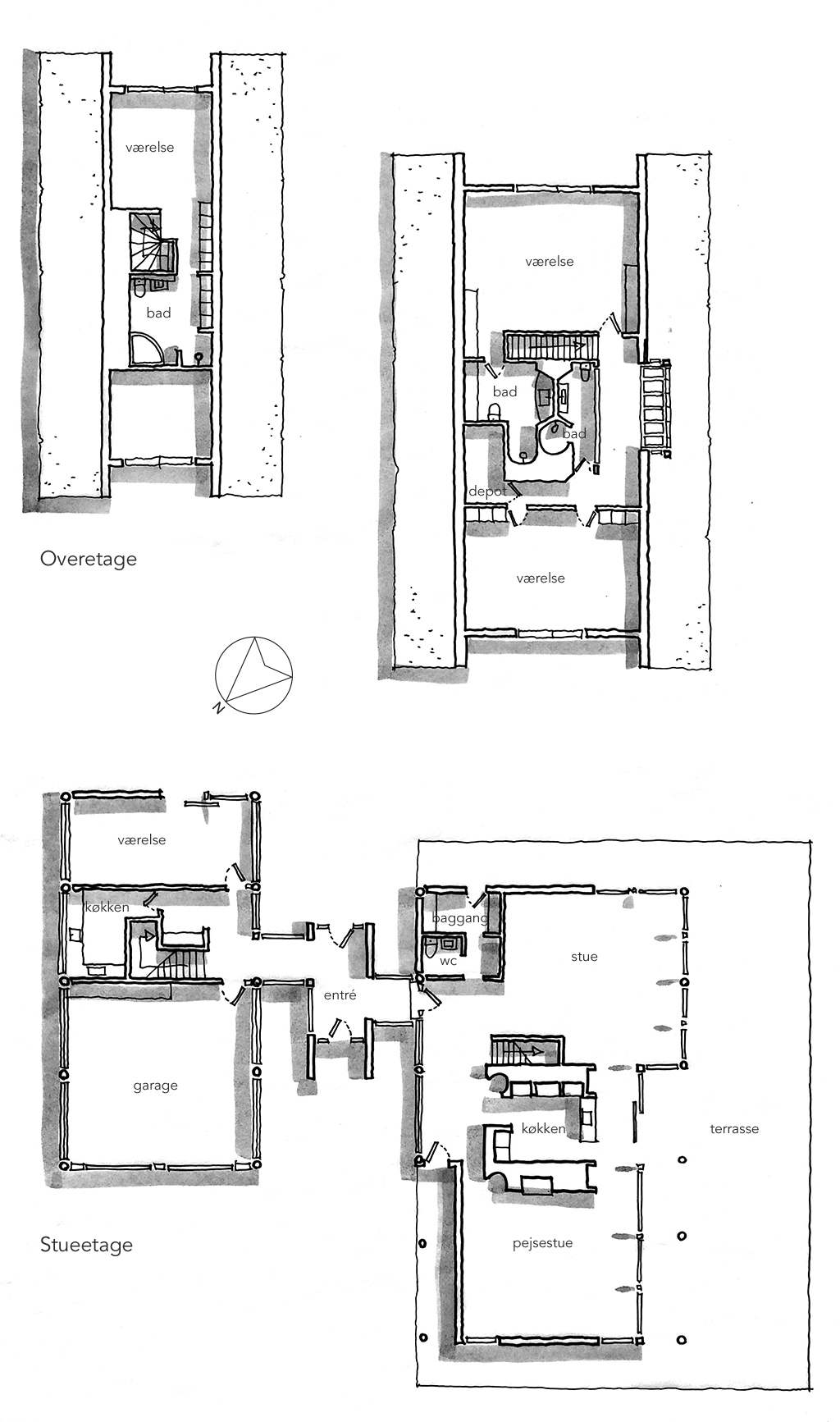 Planskitse, arkitekttegning, Landhus i Dronninggård Skov