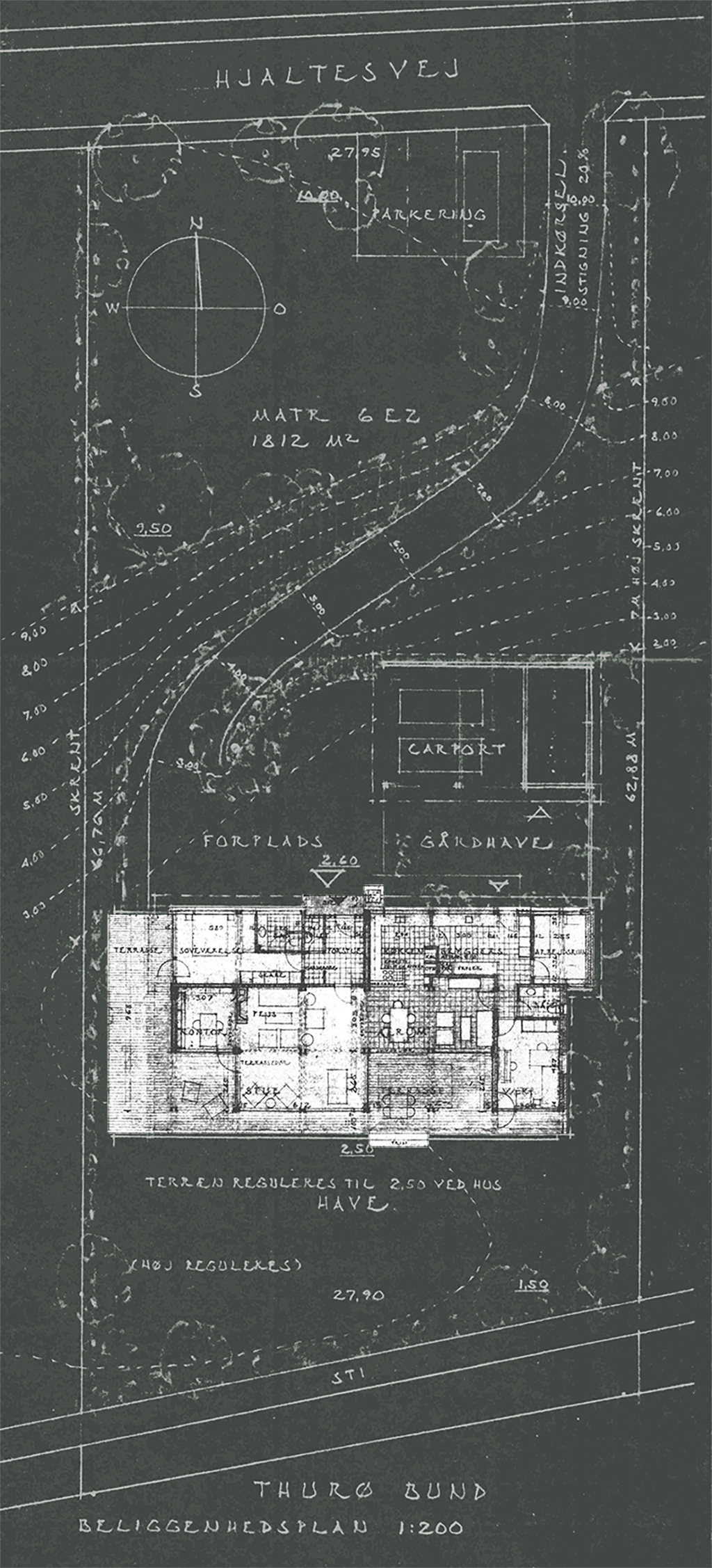 Situationsplan Carla og Axel Jürgensen, arkitekter. Arkitekttegnet 80'er hus ved Svendborg