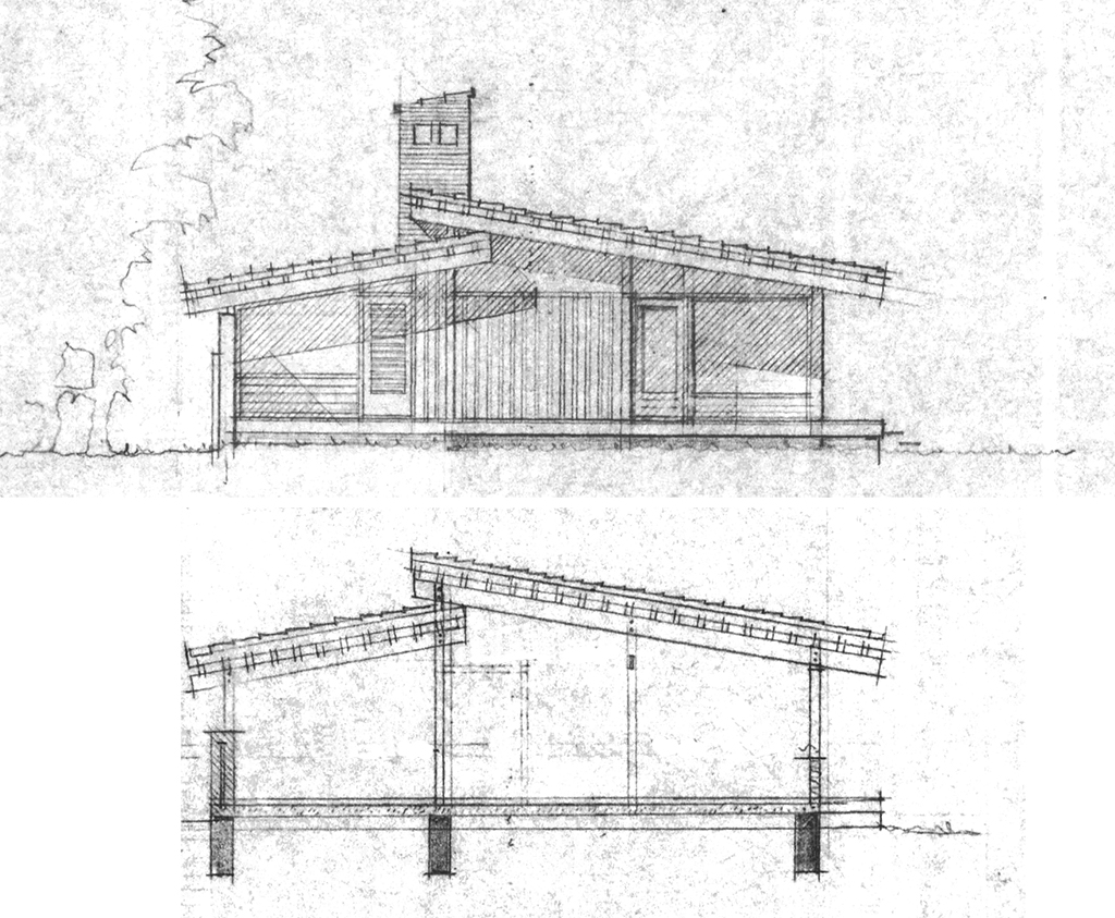 Facade og snittegning, arkitekttegnet hus, 80'er hus, Carla og Axel Jürgensen, arkitekttegnet villa.