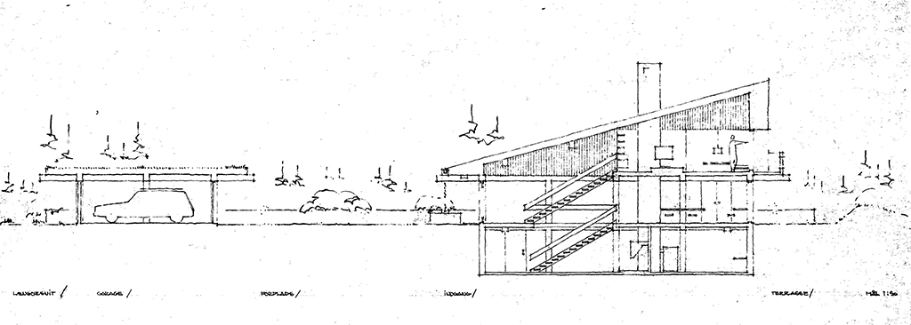 Arkitekttegning, arkitekttegnet 70er hus, snittegning af 70'er hus