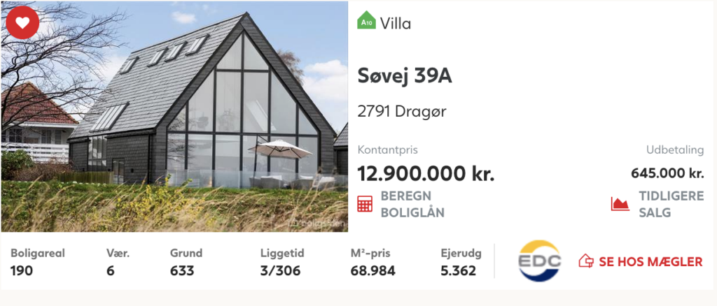 Arkitekttegnet villa i første række til salg i Dragør