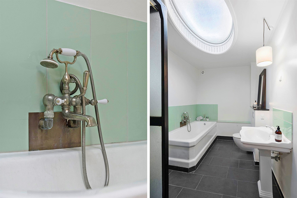 Vintage badeværelse, badeværelse med ovenlys, arkitekttegnet badeværelse
