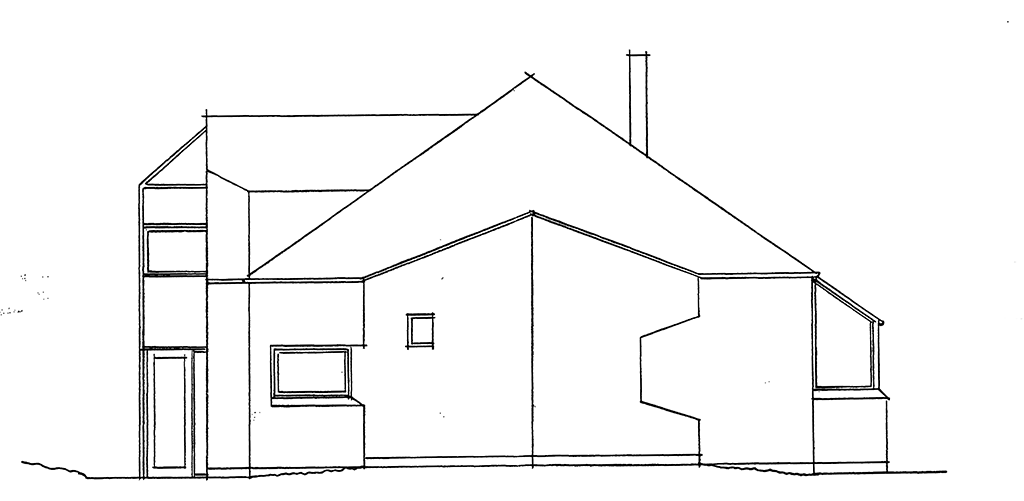 postmoderne villa facadetegning, arkitekttegnet 80er hus,