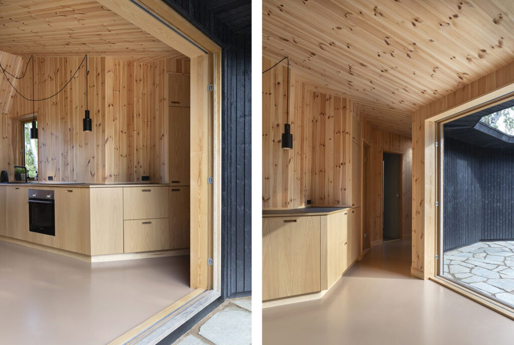 arkitekttegnet sommerhus til salg, arkitekttegnet sommerhus interiør, bræddebeklædning i køkken