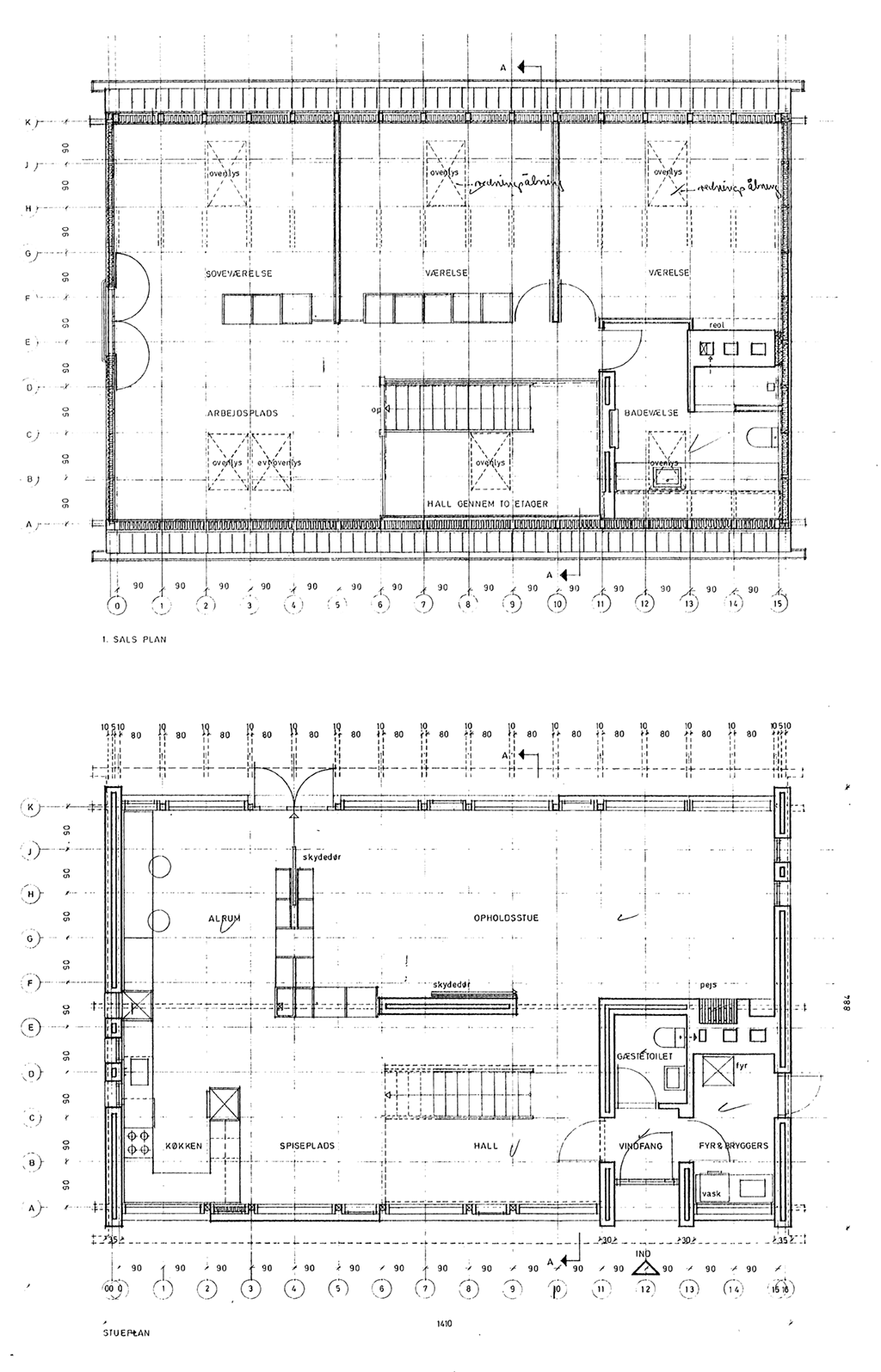 Arkitekt Jørn Bond, Plantegninger af hus på Gl Strandvej 63 i Hørsholm, Kolde: Fredensborg Kommune Byggesagsarkiv.