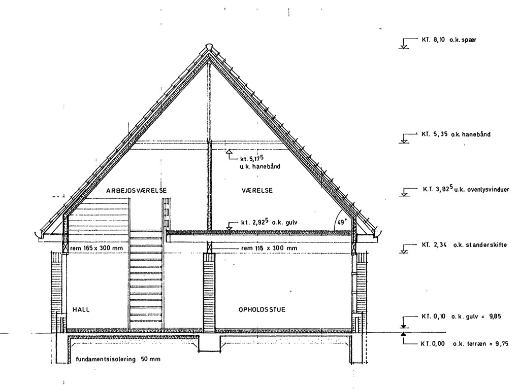 Arkitekt Jørn Bond snittegning. Arkitekttegnet villa fra 1970erne til salg
