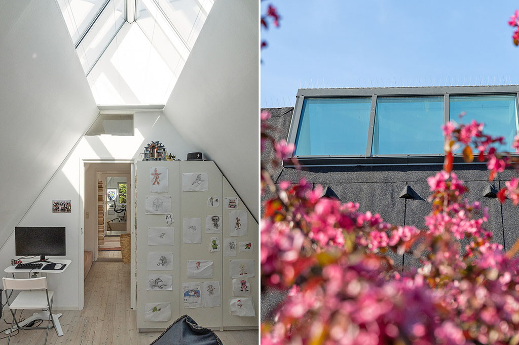 Rytterlys og ovenlys i ombygget træhus. Arkitekttegnet overetage